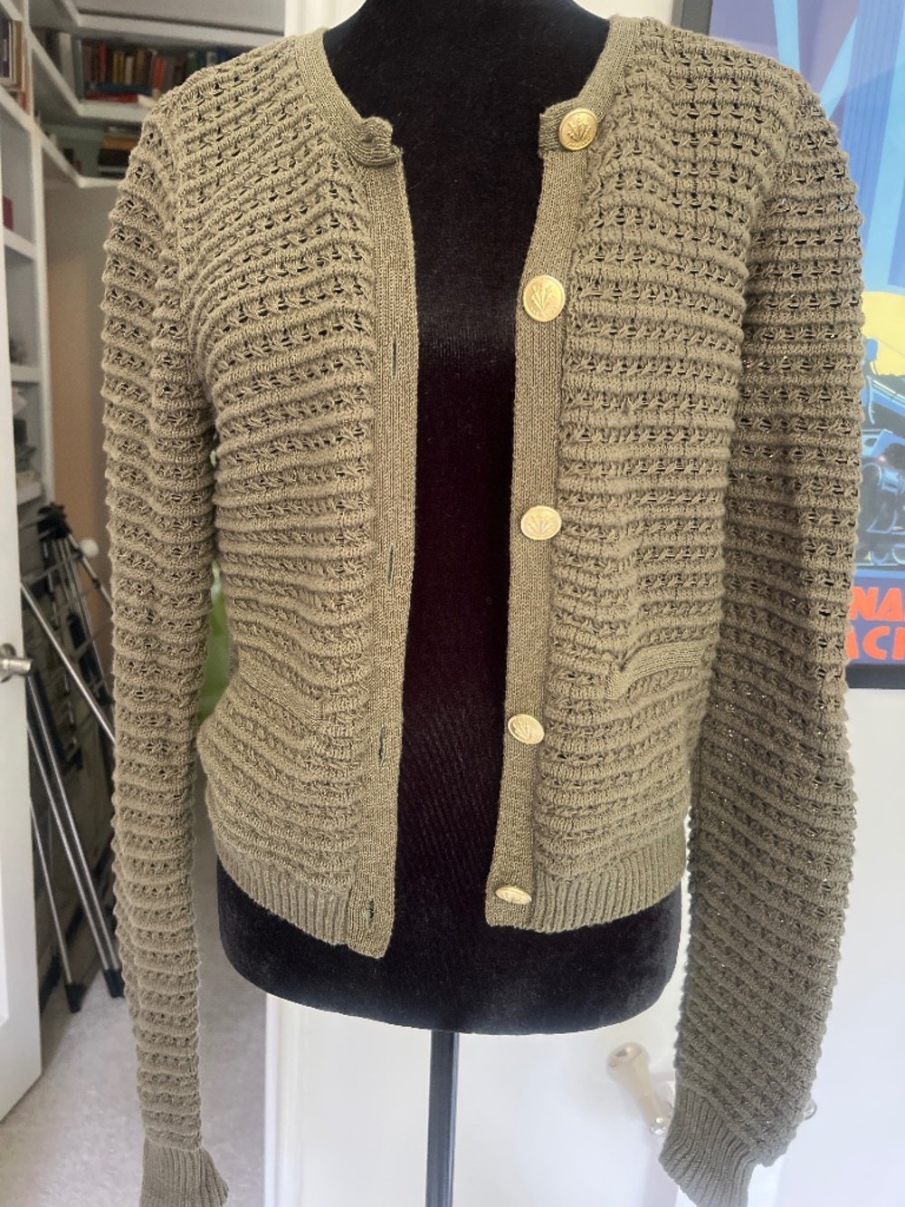 rag & bone Olive Cropped Waffle-Knit Button Cardigan S